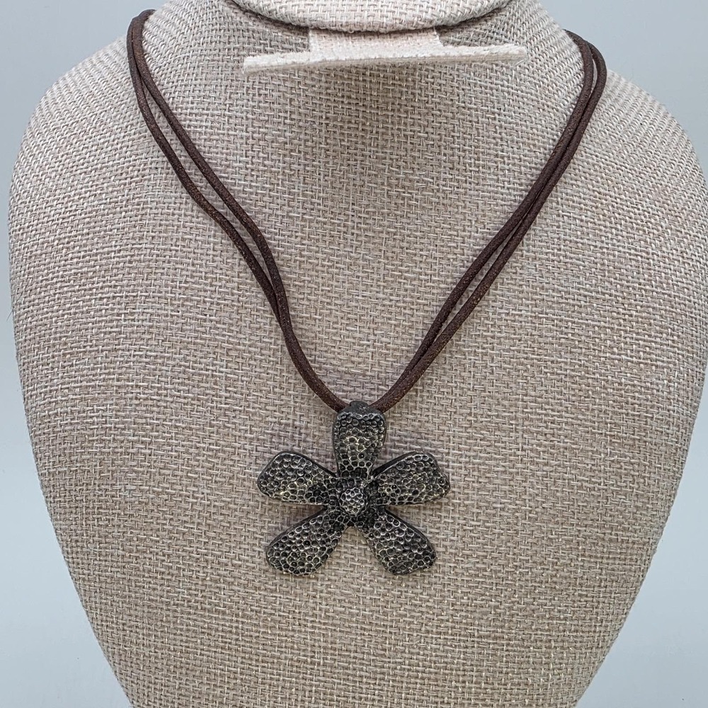 Vtg SILPADA Large Daisy Necklace 925 Sterling Silver 2-Strand Leather‎ Cord 16"